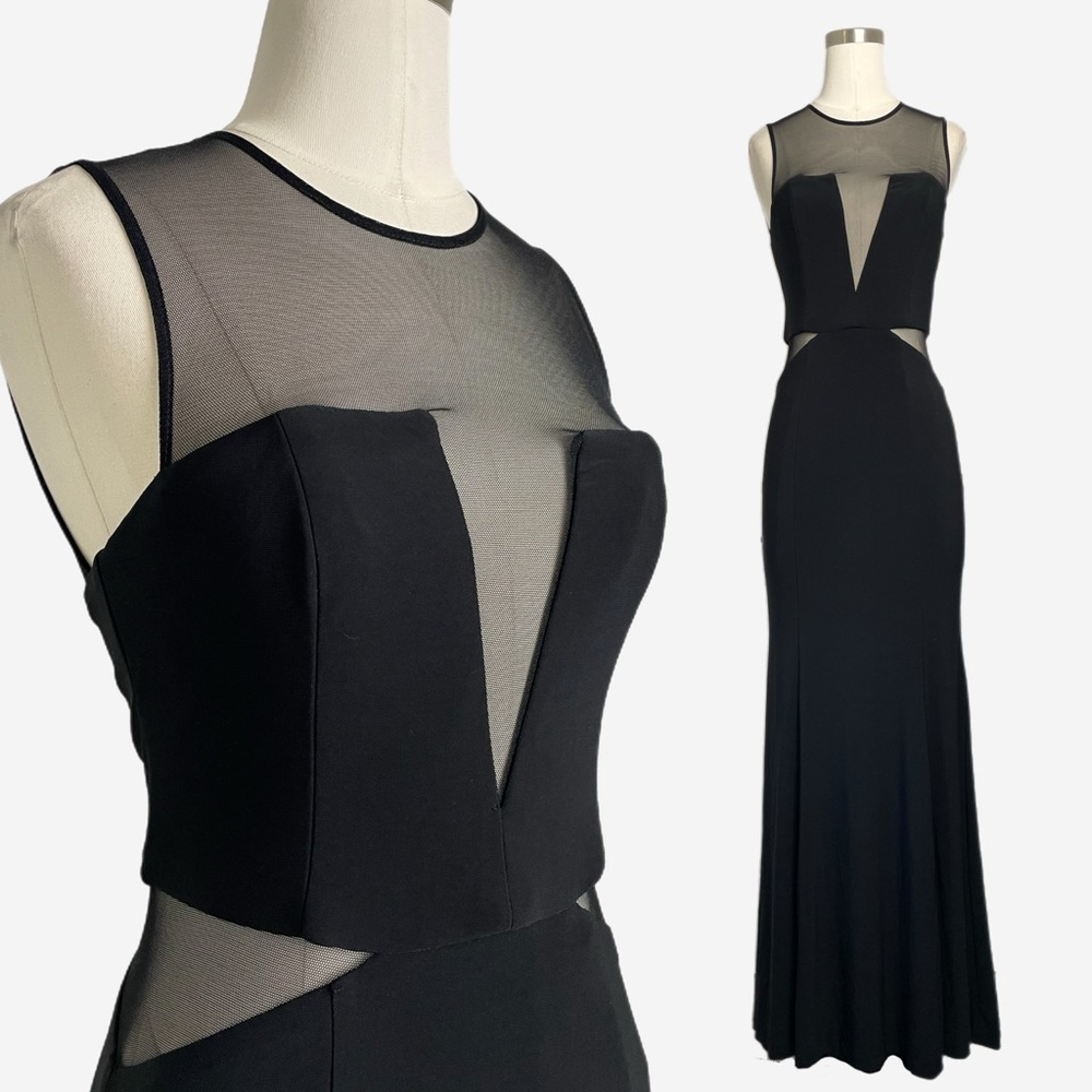 Caché Black sleeveless illusion paneled cut out sheer mermaid maxi gown formal 2